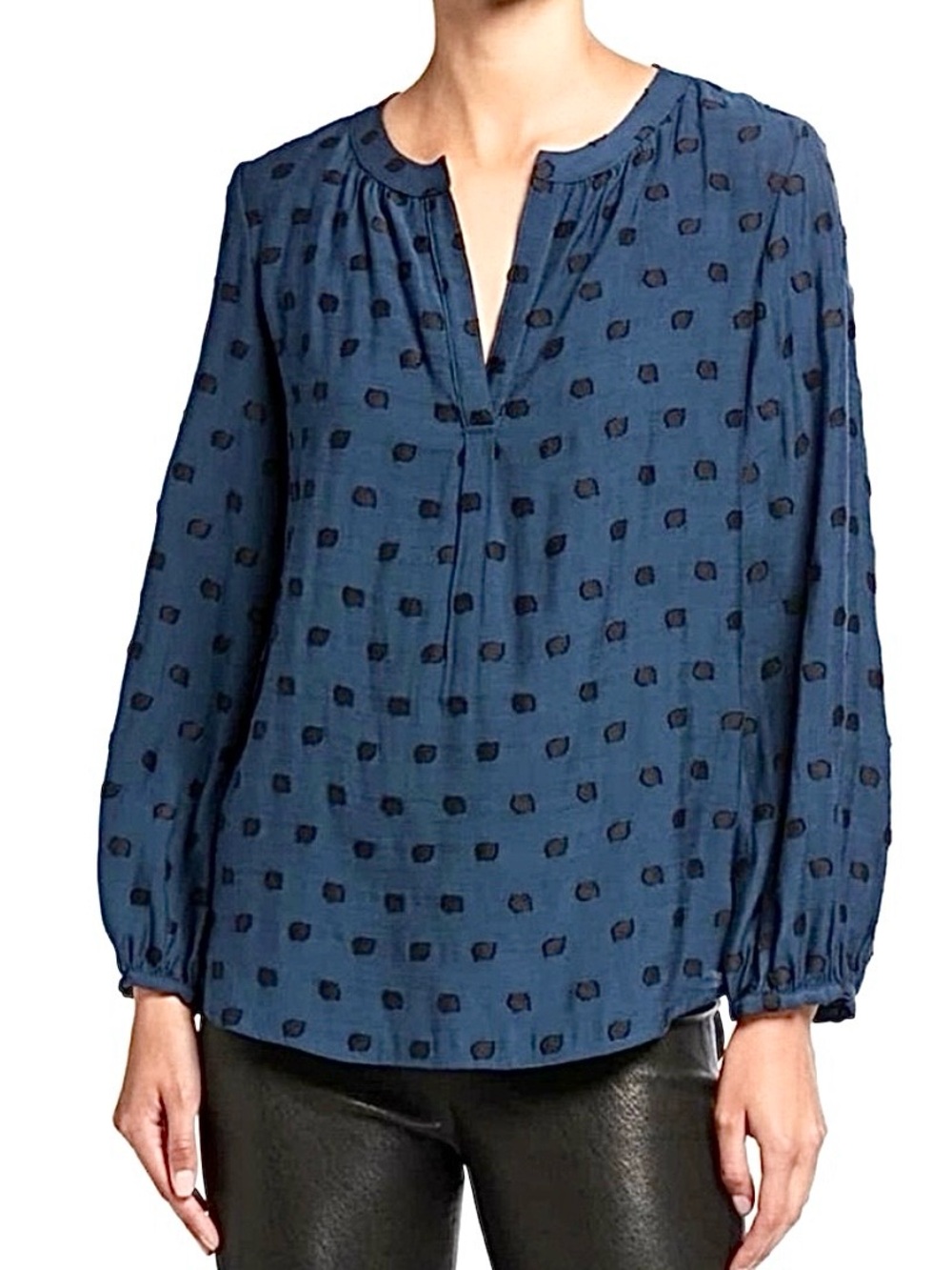Finley Blue Polkadot Blouse Balloon Sleeves Split Neck